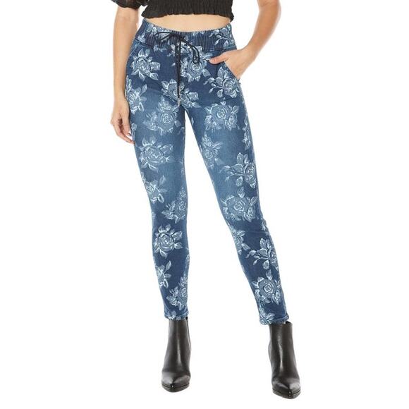 Juicy Couture Laguna Floral Print Jogger Jean Size 27 Blue Pull On Stretch Waist - Picture 1 of 11